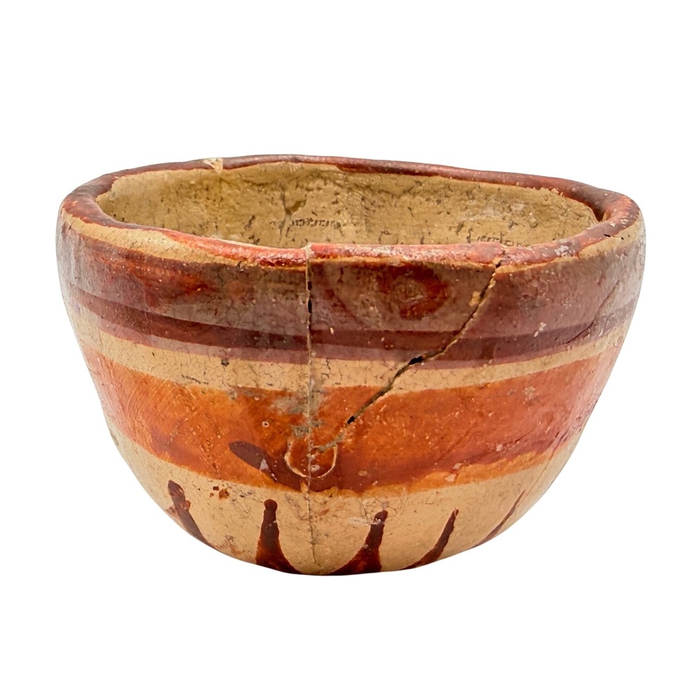 Vtg Mexican Folk Art Pottery Bowl Hand Painted Sunburst Design Terracotta Colors